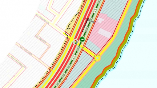 Фрагмент карты будущих изменений: красными линиями обозначена автомобильная дорога, оранжевыми - велодорожки, зелёной - выделенная полоса для скоростных автобусов